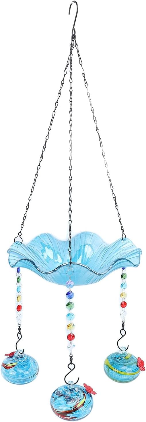 2 in 1 Hanging Solar Bird Bath Fountain for Outdoors with 3 Hummingbird Feeder Pots, Solar Powered Bird Bath and Feeder Combo for Small Birds, Garden Patio Backyard Decor