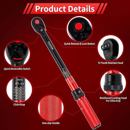 Hairich 1/2 Inch Drive Click Torque Wrench, Dual-direction Torque Wrench 10-170.0ft.lb/13.60-230.5Nm, 72-tooth Torque Wrenches with Dual Range Scales, ±3% High Precision For Bike by Hairich - Image 2