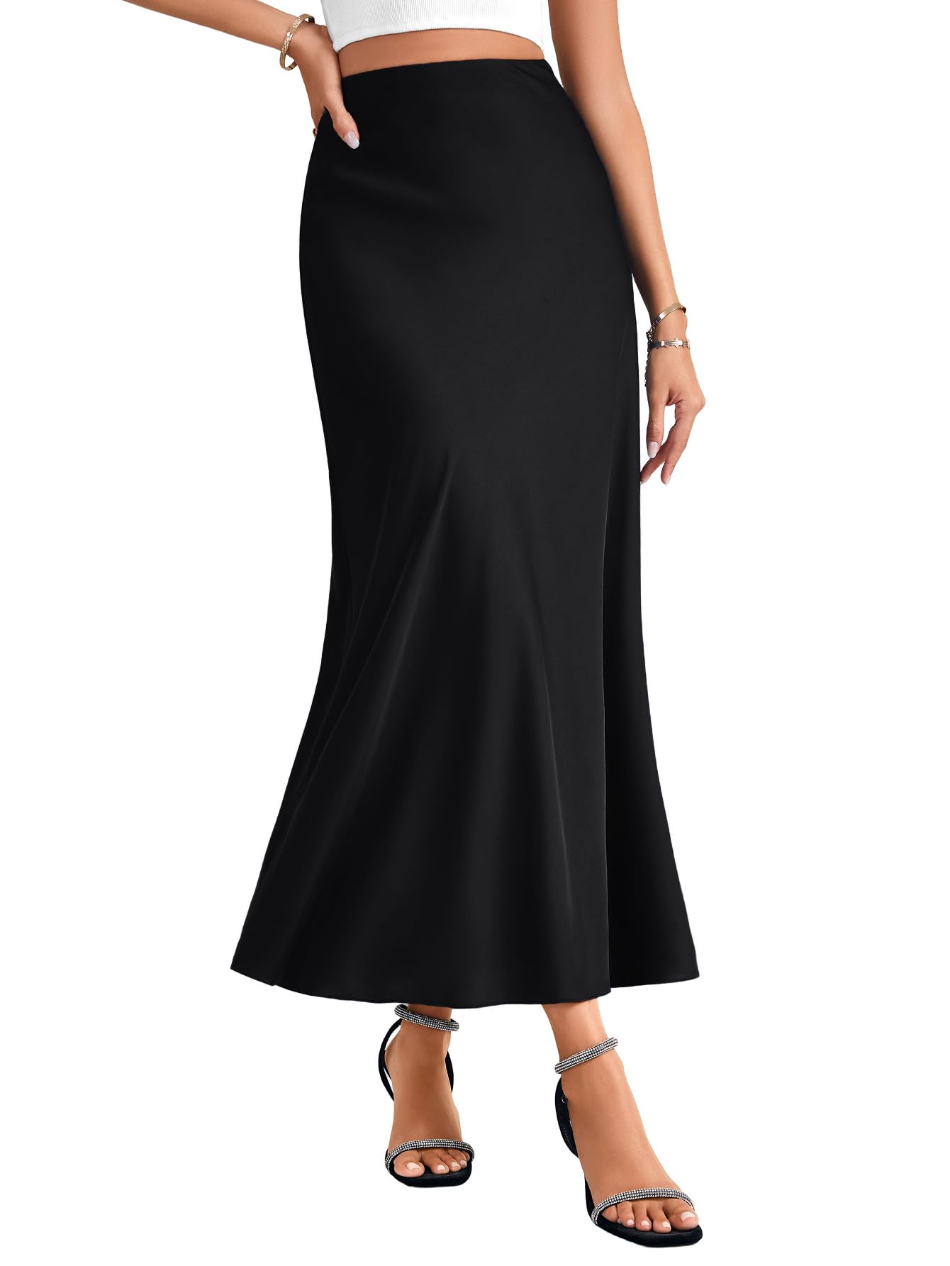 Rooscier Womens Satin High Elastic Waist Bodycon A Line Ruffle Side Zipper Elegant Maxi Skirt