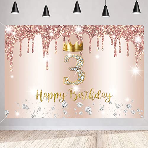 3rd Birthday Decorations for Girls Happy 3rd Birthday Backdrop Banner Party Deco Girl 3 Years Old Sign Poster Rosegold Photo Background 3rd Birthday Party Supplies, 150x90cm