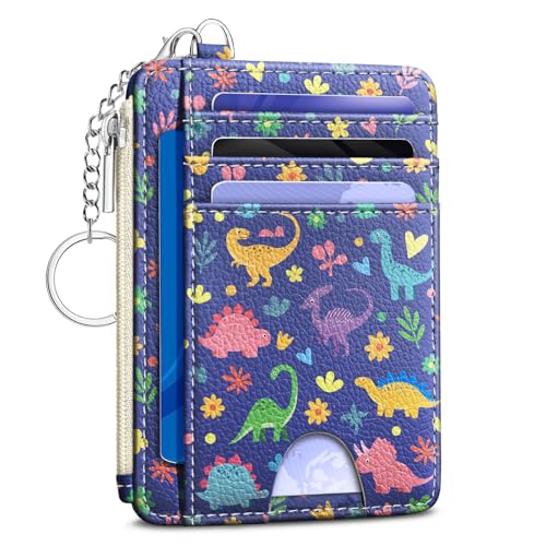 Image of Kelvoris Cute Dinosaur Credit Card Holder, Small Wallet Women, Slim RFID | Keychain, Zipper Coin Pocket, Front Pocket Thin Travel Card Case, Minimalist, 6 Card Slots, 1 ID Window, Ladies Gifts Woman