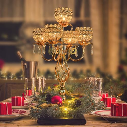 Elegant 5-Arm Candelabra Centerpiece with Crystal Pendants - 23.6 Inch Tall Table Centerpiece for Weddings, Parties, Home Decor for Mother’s Day, Holidays & Special Occasions (1, Gold) - Image 4