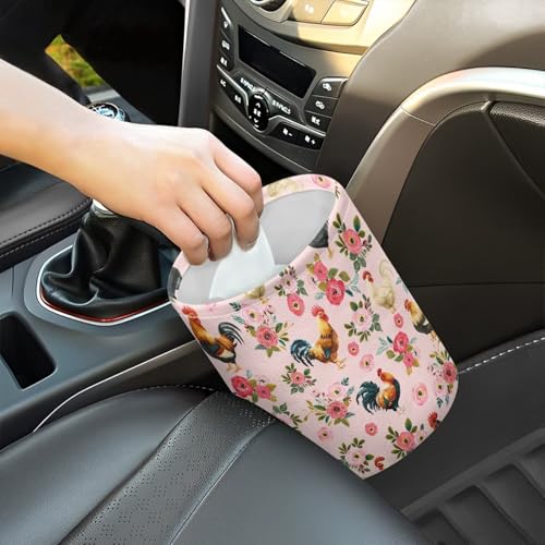 Image of Renewold Car Trash Can Foldable with Adjustable Button Straps Pink Floral Chickens Rooster Organizer Bag for Car Trip Camping Picnic Auto Garbage Can for Console Seat Trash Bin for SUV Van Sedan Truck