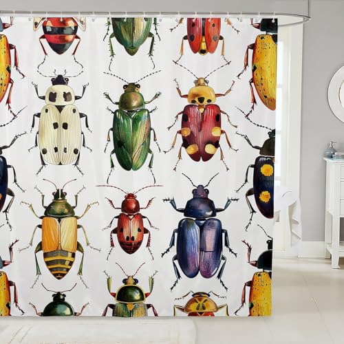 Image of Beetle Shower Curtain for Girls Boys Colorful Beetles Decor Bathroom Shower Curtain Set Kids Bug Bath Curtain Bright Vibrant Room Decor Nature Animal Waterproof Shower Curtain with Hooks 72x72 Inch