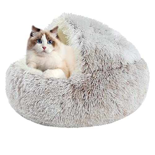Tente pour animal de compagnie - Lit apaisant en peluche douce pour chat - Lit igloo anti-anxiété - Sac de couchage chaud d'hiver pour chat (S : 40 cm, marron A) Cover