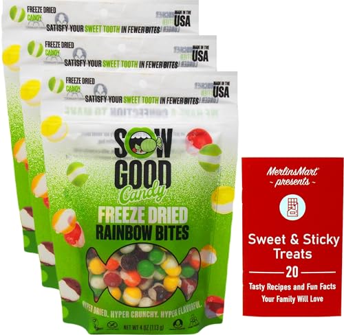 Sow Good Freeze Dried Candy - Rainbow Bites (4 Ounces) - 3 Count - Plus Recipe Booklet Bundle