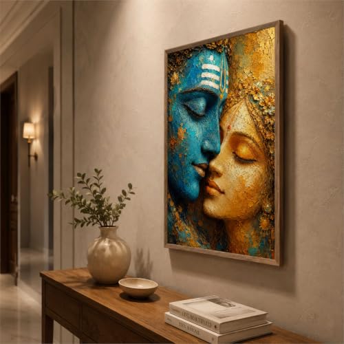 Image of Livin'luxe Radha Krishna Face Wall Painting for Living Room Bedroom Hall Office Decor, Divine Love Artwork with Sparkle Laminate and Premium Wooden Synthetic Frame (19.5 x 25.5 Inch) NL01-4109