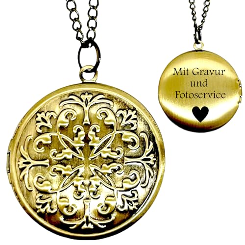 MadamLili - Personalisierbar Bronze Kette Foto Medaillon - Amulett Aufklappbar - Kostenloser Fotoservice - Vintage Stil - Halskette 70cm - Handgefertigt - Gravur Schmuck - Namenskette - Schmuckbox