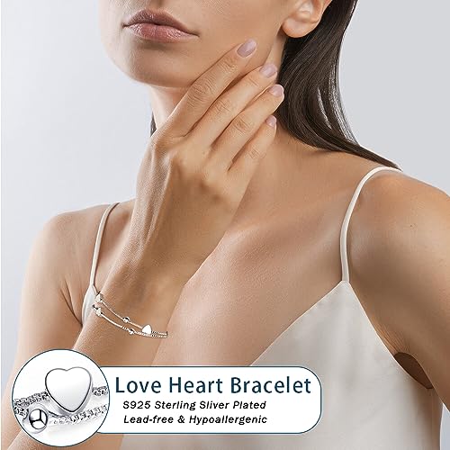 XOEMEL Silver Heart Bracelet Sterling Silver Bracelet for Women Layered Charm Bracelets for Women Ladies Silver Bracelets Friendship Bracelets Women's Jewellery - Image 3