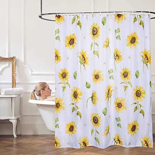 Colorful Star Yellow Sunflower Shower Curtain With Hooks Summer Waterproof Floral Fabric Decorative Bathroom Curtain Set For Autumn Rustic Botanical Flower Bathroom Décor 72"X72" Watercolor Sunflower #TOP1