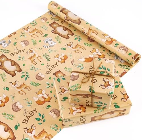 WERNNSAI Baby Kraft Wrapping Paper Roll - 1 Roll 17” x 33 ft Kids Wrapping Paper Reversible Forest Animals Kraft Gift Wrap Decoration Bear Fox Deer Cute Wrapping New Baby Shower Newborn Birthday — view 2
