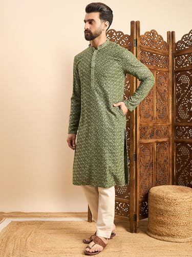 Image of Amazon Brand - Tavasya Men Rayon Geometric Embroidered Mandarin Collar Straight Kurta