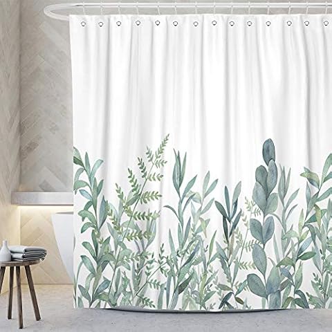 HOMKUMY Boho Shower Curtain - 72"X72", Hem Weighted, Waterproof & Washable, Decorative Eucalyptus Leaves Design with 12 Hooks Cover