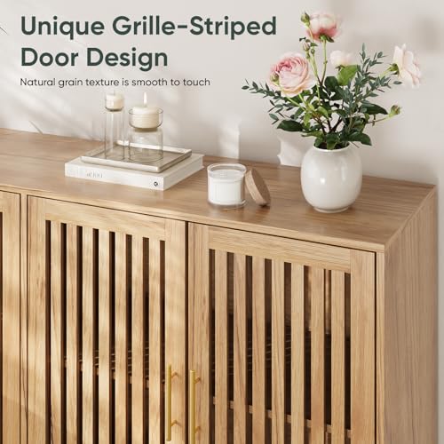 Image of Smart FENDEE 63 inch Long Sideboard Buffet with 4 Slatted Doors, Farmhouse Buffet Storage Cabinet with Adjustable Shelves, Coffee Bar Cabinet for Entryway, Kitchen, Dining Room, Living Room, Natural