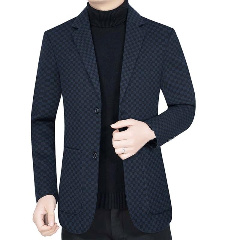 Men's Blue Plaid Casual Blazers Jacket Two Button Suit Jackets Lightweight Knit Sport Coat