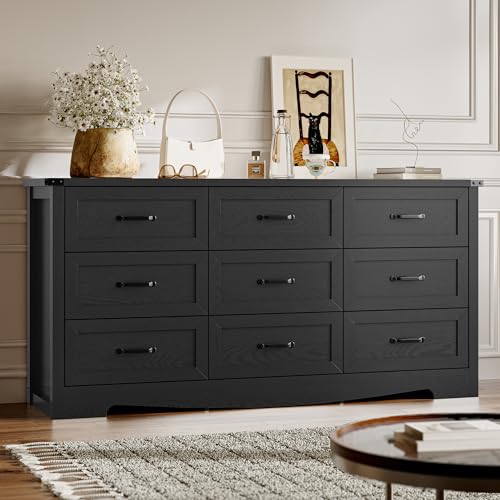 BORNOON 9-Drawer Dresser for Bedroom, Modern Wooden Chest of Drawers with Metal Handles, Anti-Tipping Design, Sturdy and Stable Storage Organizer for Living Room, Entryway, Home Office