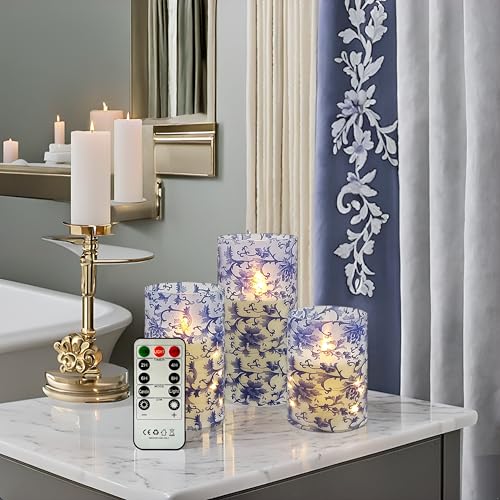 Image of Floral Flickering Flameless Candles, Recessed String Light LED Candles 3D Wick Acrylic Battery Operated LED Pillar Candles with Remote and Timer for Home Decor Set of 3(Blue & White)