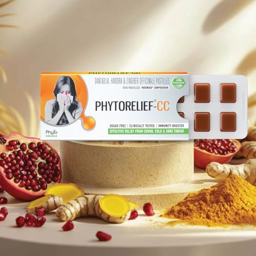 Image of PhytoRelief CC -5X Natural Support | Quick Relief from Sore & Scratchy Throat | Seasonal Cold & Cough | Clinically tested & Patented| Sugar-Free Pastilles -Pack of 1 (10 Pastilles)