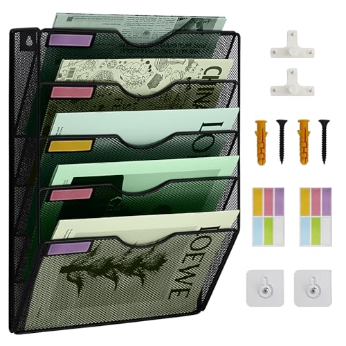 IOUGDSEC Porte Documents Mural, 5 Niveaux Porte-revues mural, corbeilles à courrier Fixation murale maille métallique durable, Noir