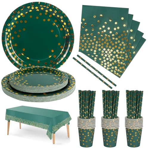 Nkaiso Party Tableware 126 Piece Dark Green Gold Paper Tableware Set Includes Disposable Paper Plates Napkins Cups Straws for Wedding Shower Engagement Wedding Birthday-25 Guests