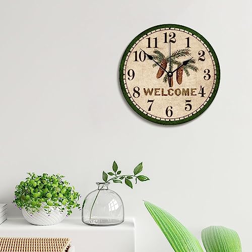 Pinecone Wall Clock Welcome Wood Clock 10 Silent Non-Ticking Quartz Battery Operated Clock For Living Room Kitchen Bedroom Farmhouse Home Decor Birthday Wedding Gift #TOP4