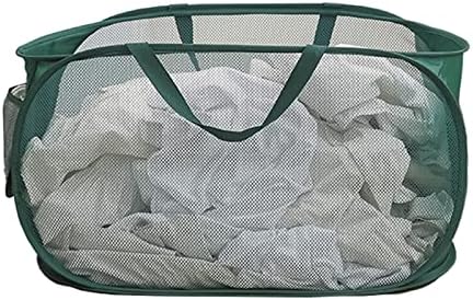 Large Laundry Basket Bag with Handles, Sturdy Mesh Handy Laundr Popup Hamper, Portable Collapsible Clothes Basket with Side Pocket for Dorm, Bathroom & Travel, Laundry Room, Kids Room (Horizontal)