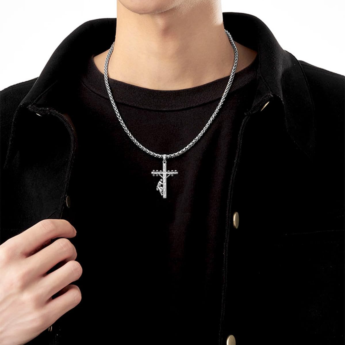 Cross Necklace with John 1:4 925 Sterling Silver Lineman Cross Pendant Christian Jewelry for Men, w/Stainless Steel Chain 22'' + 2'' - Image 2