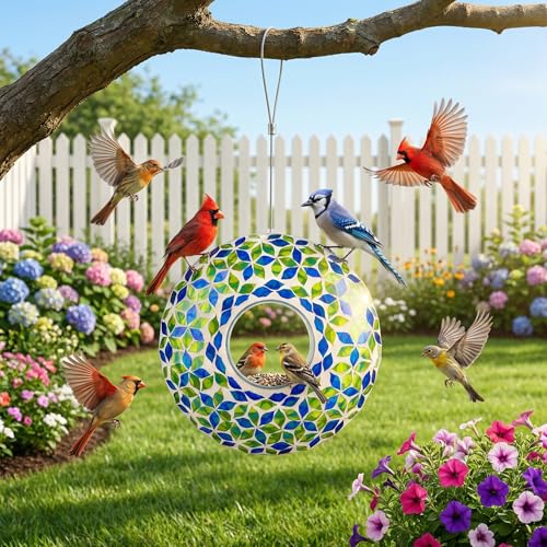 Topadorn 9" Glass Mosaic Bird Feeder, Hanging Fly Through Wild Bird Feeder, Weatherproof Outdoor Garden Decor, Blue Green Stained Glass Style by Topadorn - Image 4