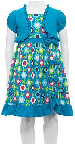 Image of ToBeInStyle Girls Two Piece Short Sleeve Dress and Matching Bolero Crop Cardigan Assorted Prints Cotton Blend Summer Outfit