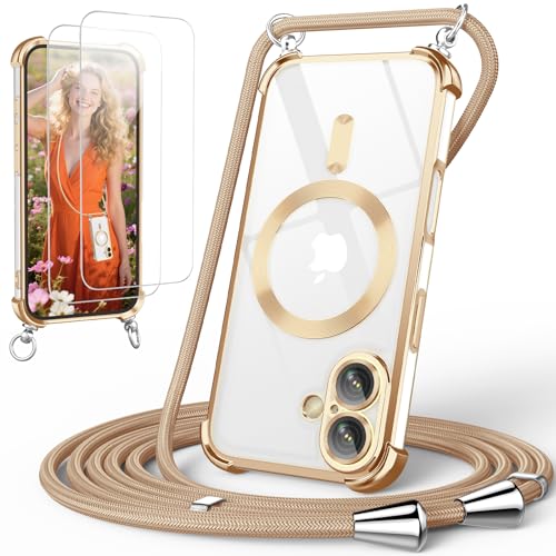 GOODVISH Handykette für iPhone 16 Hülle mit Band Magnetisch Gold