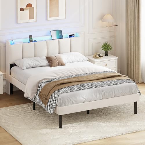 AOGLLATI Polsterbett 140 x 200 cm, Bettrahmen mit LED-Beleuchtung und Ladestation, Bettgestell mit Lattenrost, Jugendbett, Doppelbett mit Kopfteil aus Leinenstoff, Beige Leinen(140x200 cm) AOGLLATI Polsterbett 140 x 200 cm, Bettrahmen mit LED-Beleuchtung und Ladestation, Bettgestell mit Lattenrost, Jugendbett, Doppelbett mit Kopfteil aus Leinenstoff, Beige Leinen(140x200 cm)