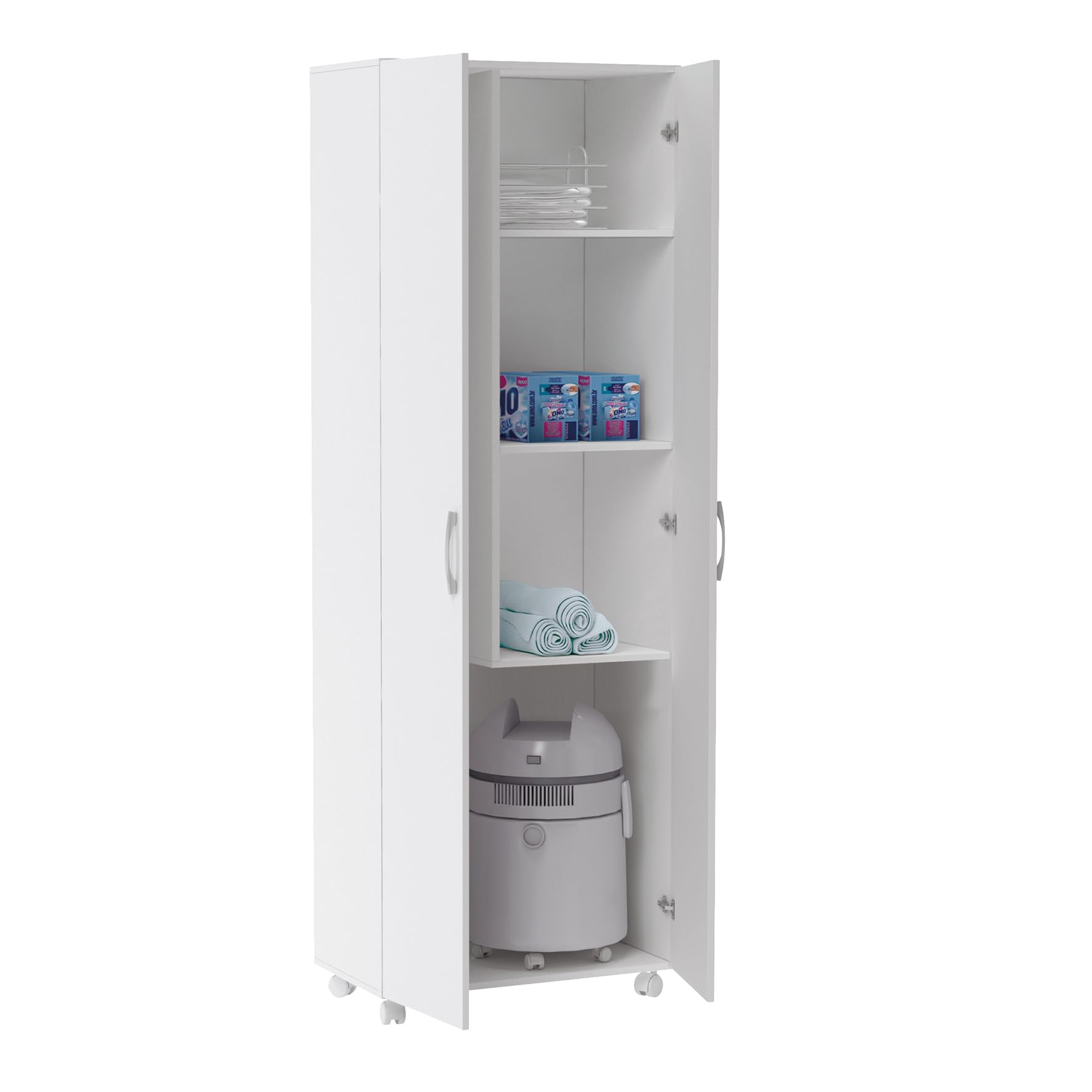 Armario Escobero Multiusos Dos Puertas, Ruedas, Color Blanco (Alto 183 / Ancho 72 / Fondo 41) Cm