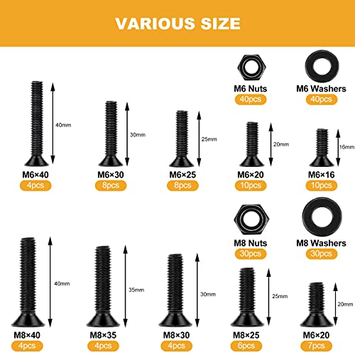 M6-1.0 M8-1.25 Flat Countersunk Hex Head Socket Cap Screws, 10.9 Grade Alloy Steel, Vigrue 205Pcs Metric Internal Hex Screws Bolts Nuts Washers Assortment Kit, Full Coarse Thread Unc #TOP2