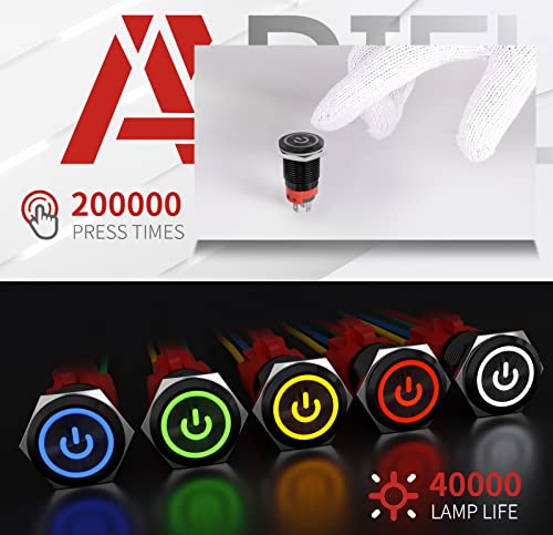 Apiele 16Mm Latching Push Button Switch 0.63" 12V Power Symbol Ring Led Car Metal With Socket Plug 1No1Nc Spdt On/Off (Green/Black Shell) #TOP3