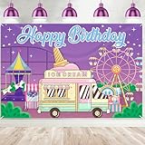B-Bn-155 Ice Cream Truck Banner Ferris Wheel Scene Happy Birthday Banner Backdrop for Kids Birthday Baby Shower Carnival Decorations Photography Background Photo Studio Props Supplies