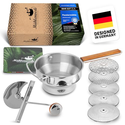 𝐌Ü𝐇𝐋𝐄𝐍𝐖𝐄𝐑𝐊 Passiermühle Edelstahl inkl. 5 Passiersieb-Einlagen [naturreines Eichenholz] 2,3 L Füllvolumen > Passiergerät für Soßen, Marmeladen, Apfelmus | Passetout ansehen