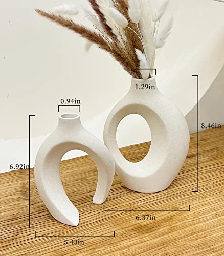 Goldtimo White Ceramic Vase For Decor, Modern Home Décor Vase Set Of 2, Circle Matte Hollow Donut Pampas Flower Vases Nordic Boho Ins Style For Wedding Dinner Table Living Room Office Bedroom Décor #TOP2