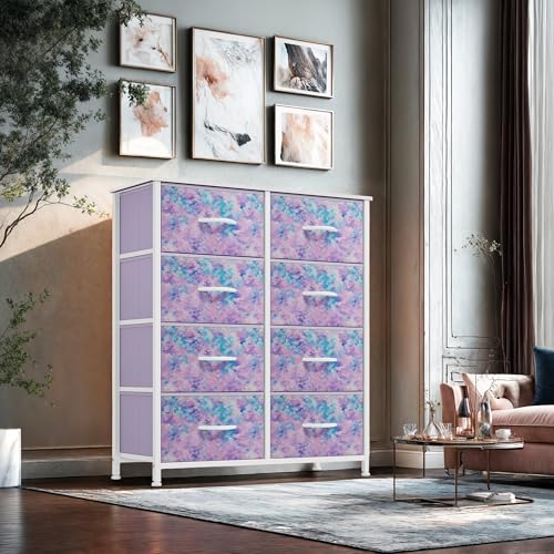 GOOBED Fabric Dresser Drawer, Tall Storage Dresser with 8 Drawers, Chest of Drawers, Storage Drawer Organizer for Closet, Living Room, Closets, Tie-dye Purple