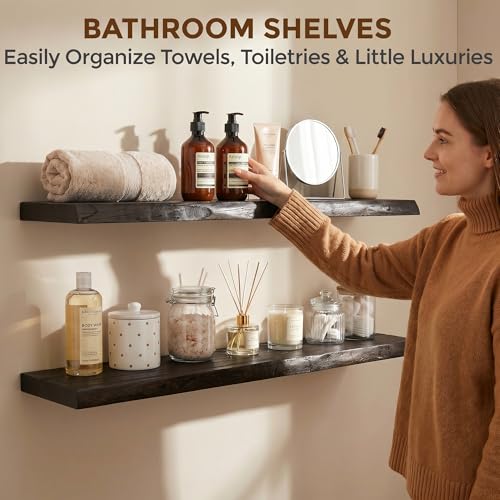 Image of Dreamland 36 Inch Long Floating Shelves Set of 2, Rustic Solid Elm Wood Live Edge Floating Shelf Wall Mounted, 8 Inch Deep Wooden Wall Shelves for Living Room, Bedroom, Bathroom, Kitchen, Walnut