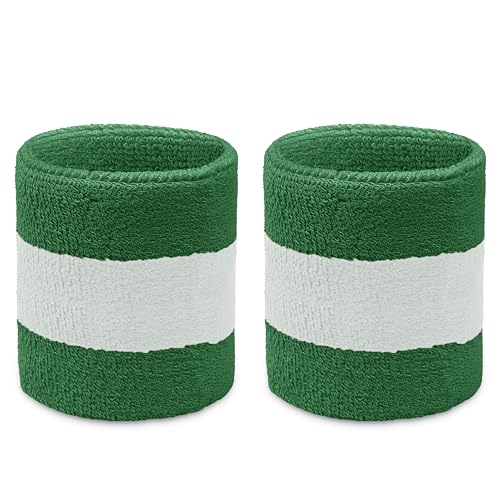 COUVER 2-Color Striped Wrist Sweatbands - Tennis, Basketball, Gym & Running Moisture Wicking Terry Cloth Athletic Sports Wristbands for Men, Women & Youth, Green/White/Green