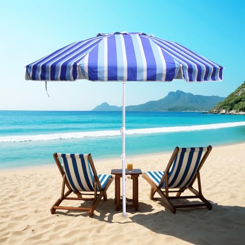 LOTTAFUN 6.5ft Beach Umbrella - Heavy Duty Wind Resistant UV 50+ Portable Sun Shade with Sand Anchor & Carry Bag, Outdoor Folding Umbrella for Beach, Pool, Patio, Garden (Blue Vertical Stripe) - Image 3
