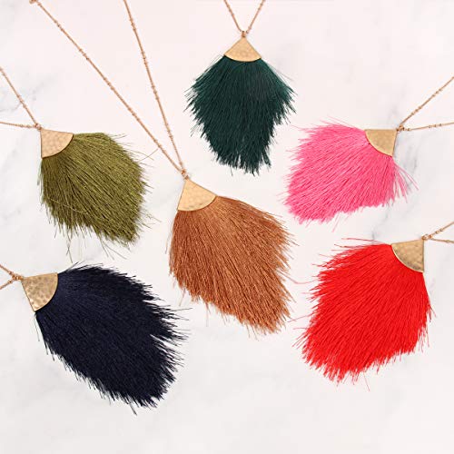 Riah Fashion Antique Bohemian Silky Thread Fan Tassel Statement Necklace - Vintage Gold Feather Shape Strand Fringe Lightweight Long Chain (Feather Fringe - Red) #TOP5
