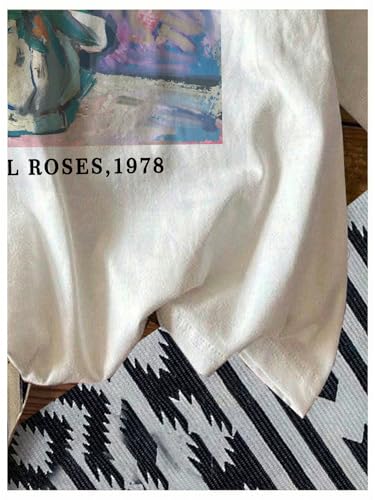 Image of RoseSeek Women's Graphic Letter Tee Crew Neck Drop Shoulder Trendy Summer T Shirt Short Sleeve Vintage Car Print Top