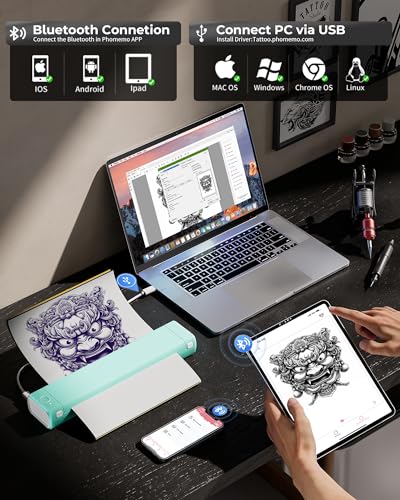 Itari M08F Tattoo Drucker, Thermodrucker Tattoo für A4 Papier mit 10pcs Tattoo Papier, Tattoo Printer Tattoo Stencil Drucker Bluetooth mit IPad & Phone & PC, Grün