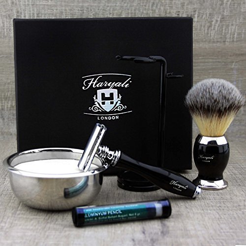Haryali London, Kit completo da barba per uomo 5 pezzi: rasoio di sicurezza a doppio taglio, pennello da barba sintetico, ciotola da barba, sapone e supporto per la rasatura tradizionale a umido