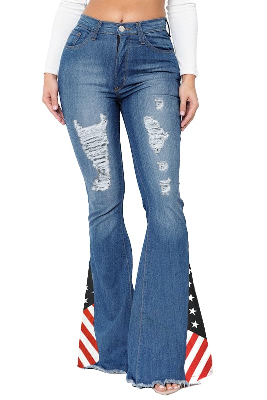 EVEDESIGNWomen's Ripped American Flag Bell Bottom Jeans - High Waisted Slim Denim Pants with Stretch and Stylish Frayed Hem