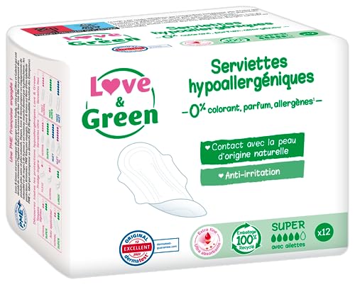 Love & Green Serviettes hygiéniques, écologiques et hypoallergéniques - certifiées Ecolabel et Dermatest - 