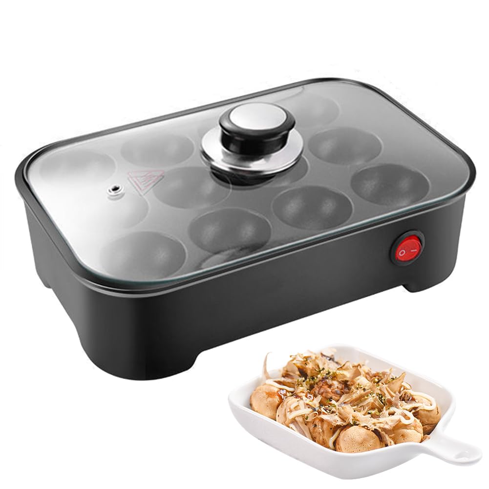 12-Hole Electric Takoyaki Maker with Lid, Automatic Temperature Control, Versatile Octopus Ball Pan for Breakfast, Fried Eggs, and Snacks - Green