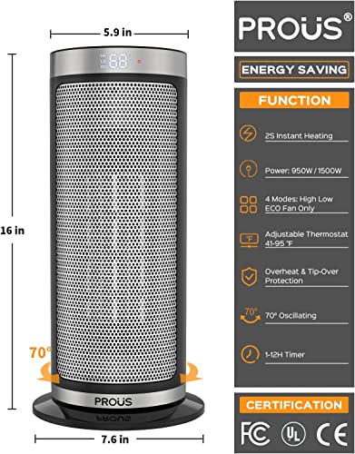 Prous Space Heater, 1500W Fast Heating Ceramic Electric Heater With Thermostat, 4 Modes, Overheat & Tip-Over Protection, 12H Timer, 16Ft Remote, 70° Oscillating Portable Heater For Indoor Office Use #TOP1
