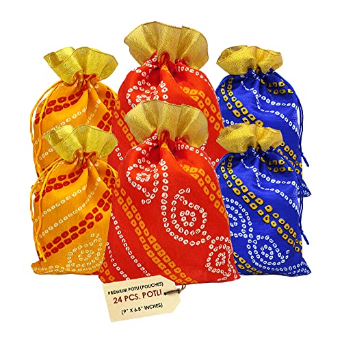 Genieland 24Pc Big Size Designer Bandhej Potli Organza Pouch Favour Bags Dry Fruit Diwali large Holiday reusable Christmas Gift Wrapping bags Multicolor Potli Indian Housewarming Return Gift Items